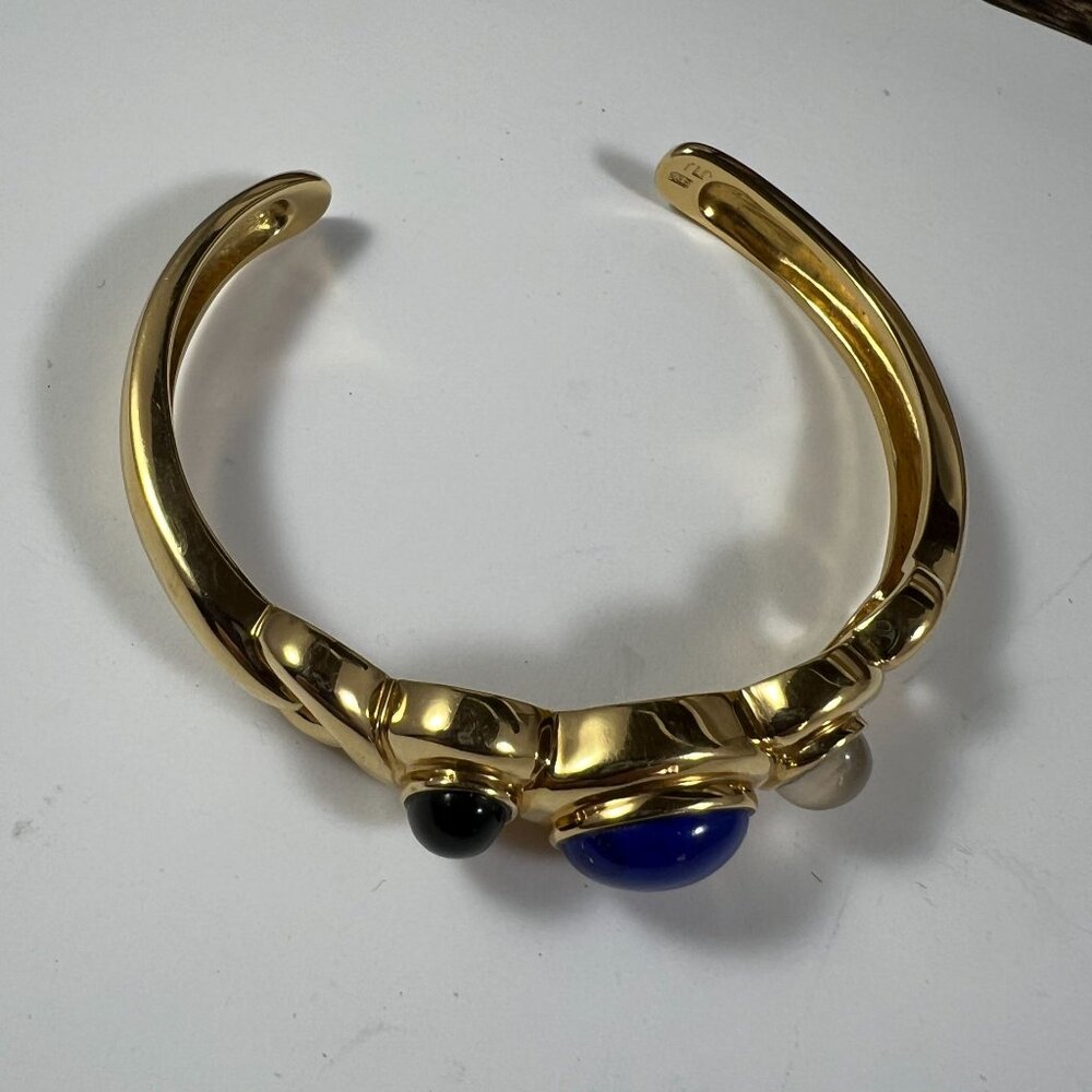 KY LO 925 Sterling Silver Gold-Tone Cuff Bracelet With Blue Black & White Gemsto